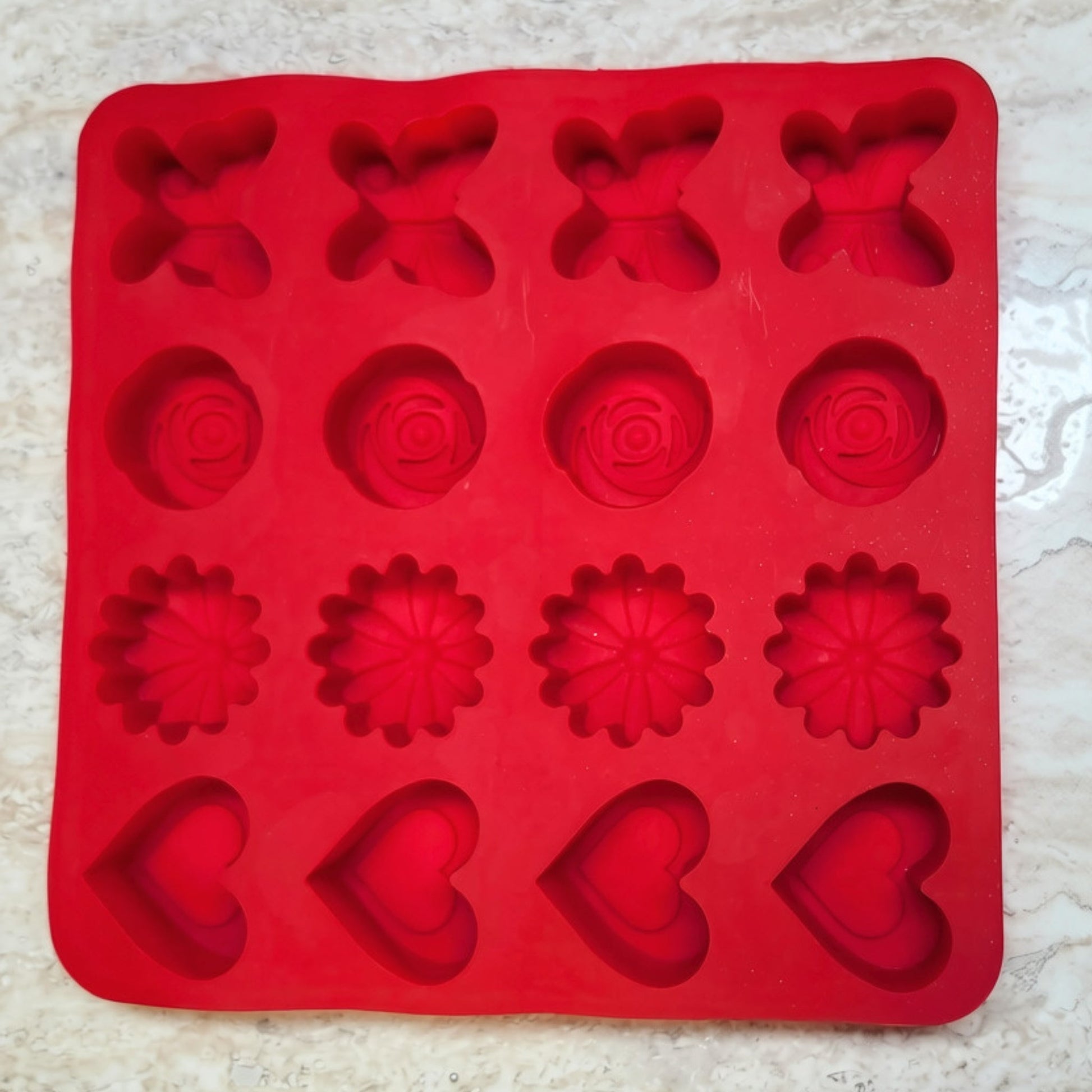 16 Cavity Flowers, Heart, and Butterfly Silicone Mold - Wixy Soap - Soap Supply