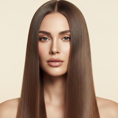 Woman with long, straight brown hair against a beige background